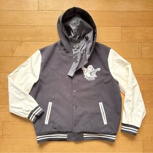NWT True Religion Buddha‎ Logo Two Tone Varsity Letterman Jacket - XL, jet black